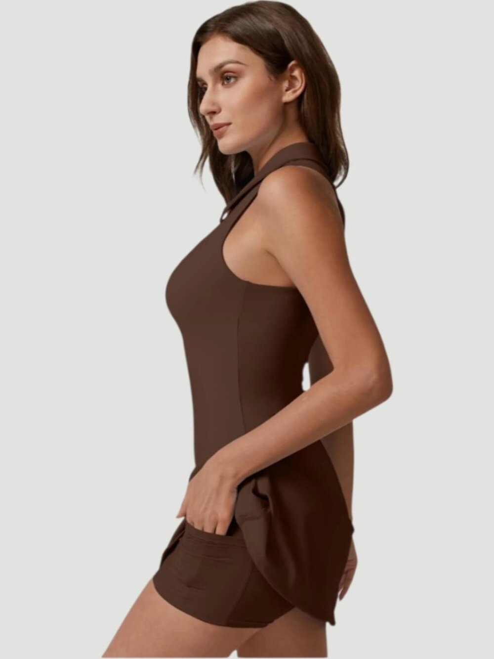 QINSEN Womens Tennis/Golf Dress Polo Collar Racer Back  W/Shorts Brown Large - Picture 2 of 15